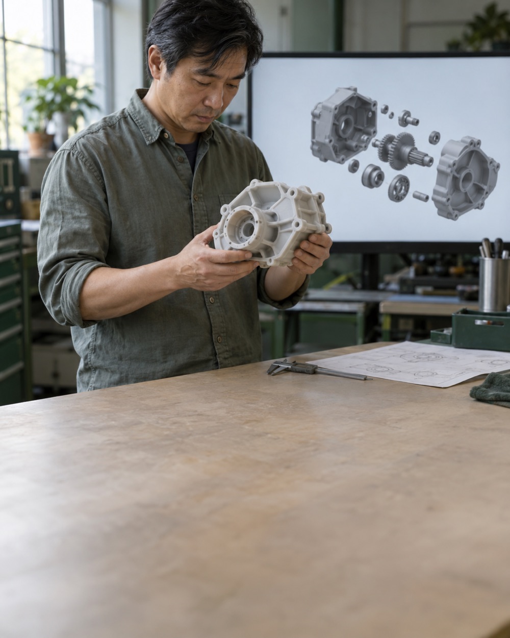 A product design engineer studying a 3D-printed gearbox housing, with its exploded CAD model on the monitor behind him