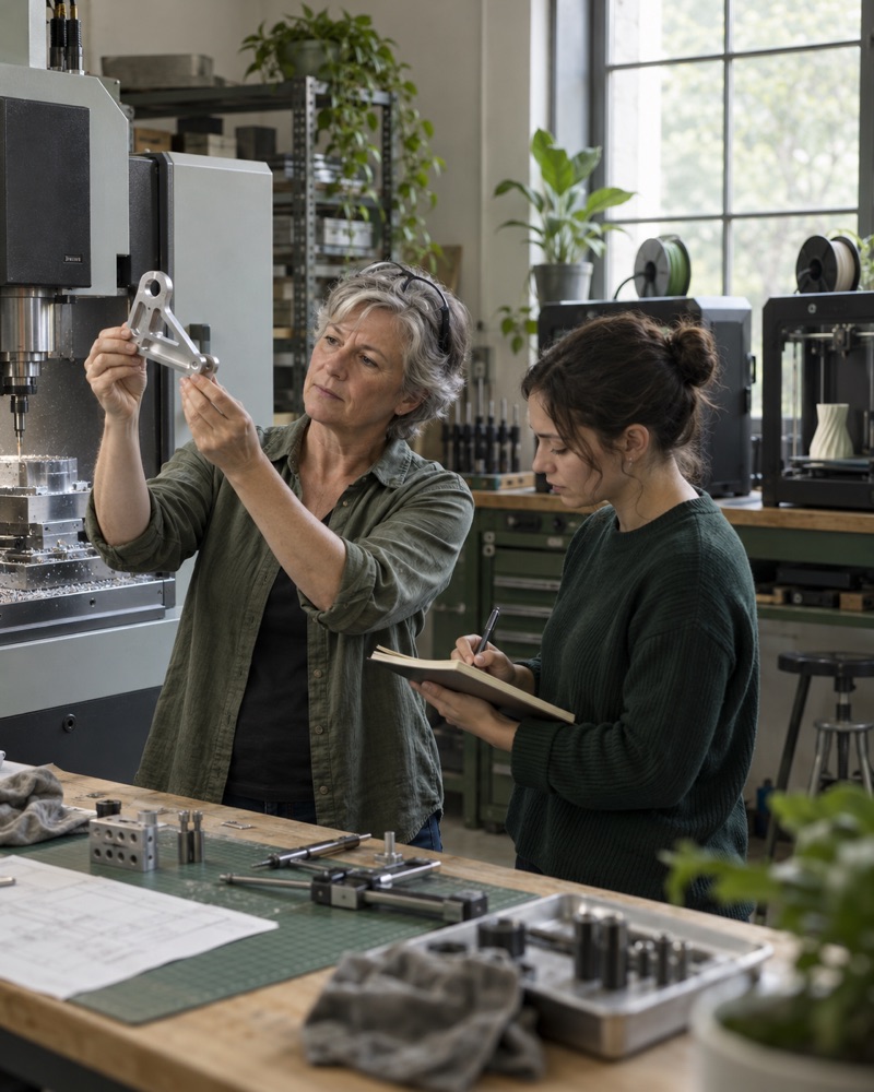 An engineering lead inspecting a machined bracket beside a CNC mill while a colleague takes notes