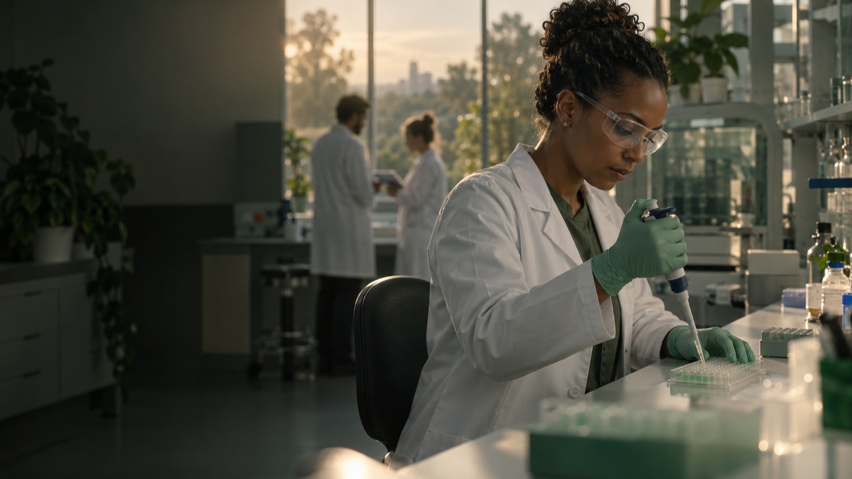 A scientist pipetting into a 96-well plate in a research lab