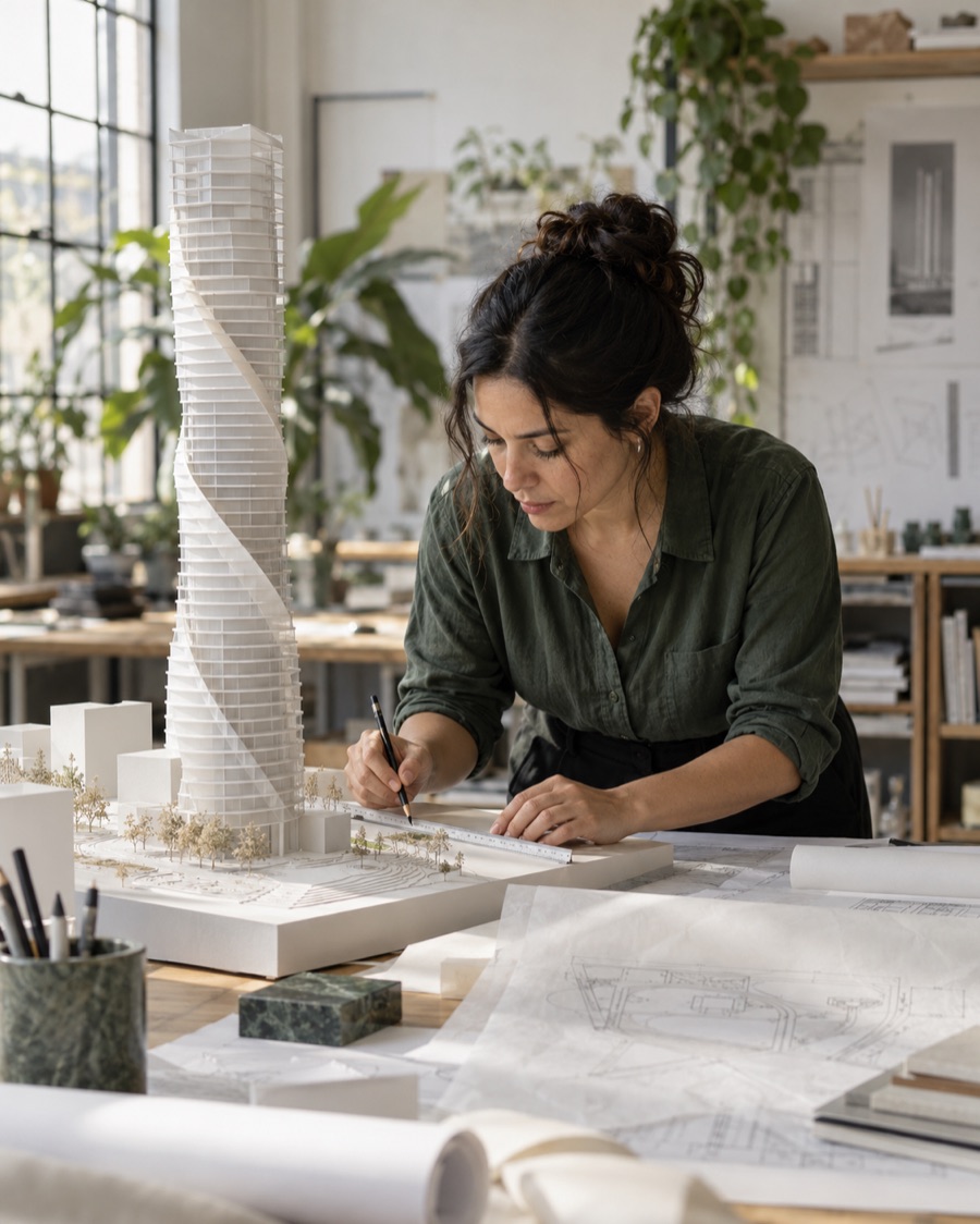 Architect working on a physical model of a twisting tower