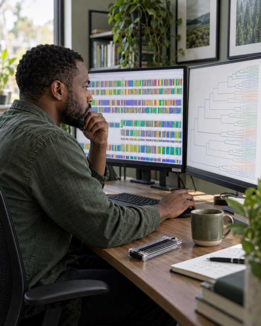 Researcher reviewing genome alignments across two monitors