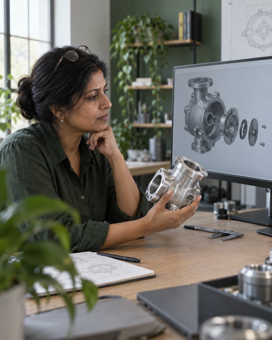 Engineer comparing a machined pump housing with its CAD assembly