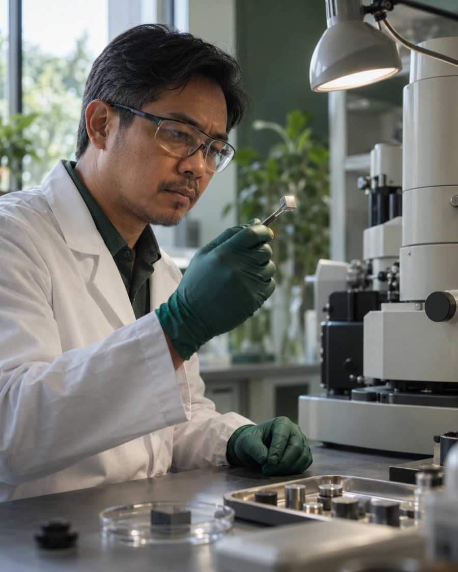 Materials scientist inspecting a polished alloy sample