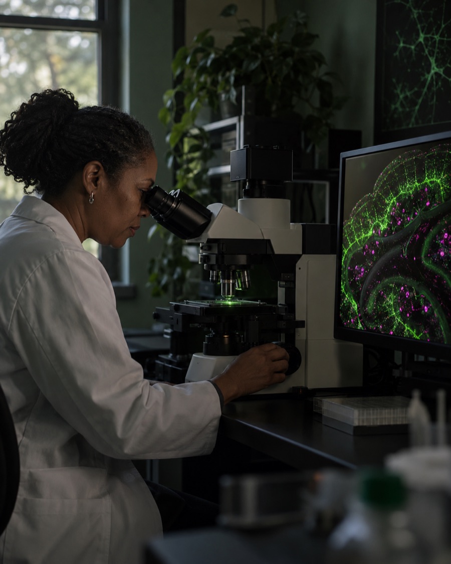 Neuroscientist imaging brain tissue at a fluorescence microscope