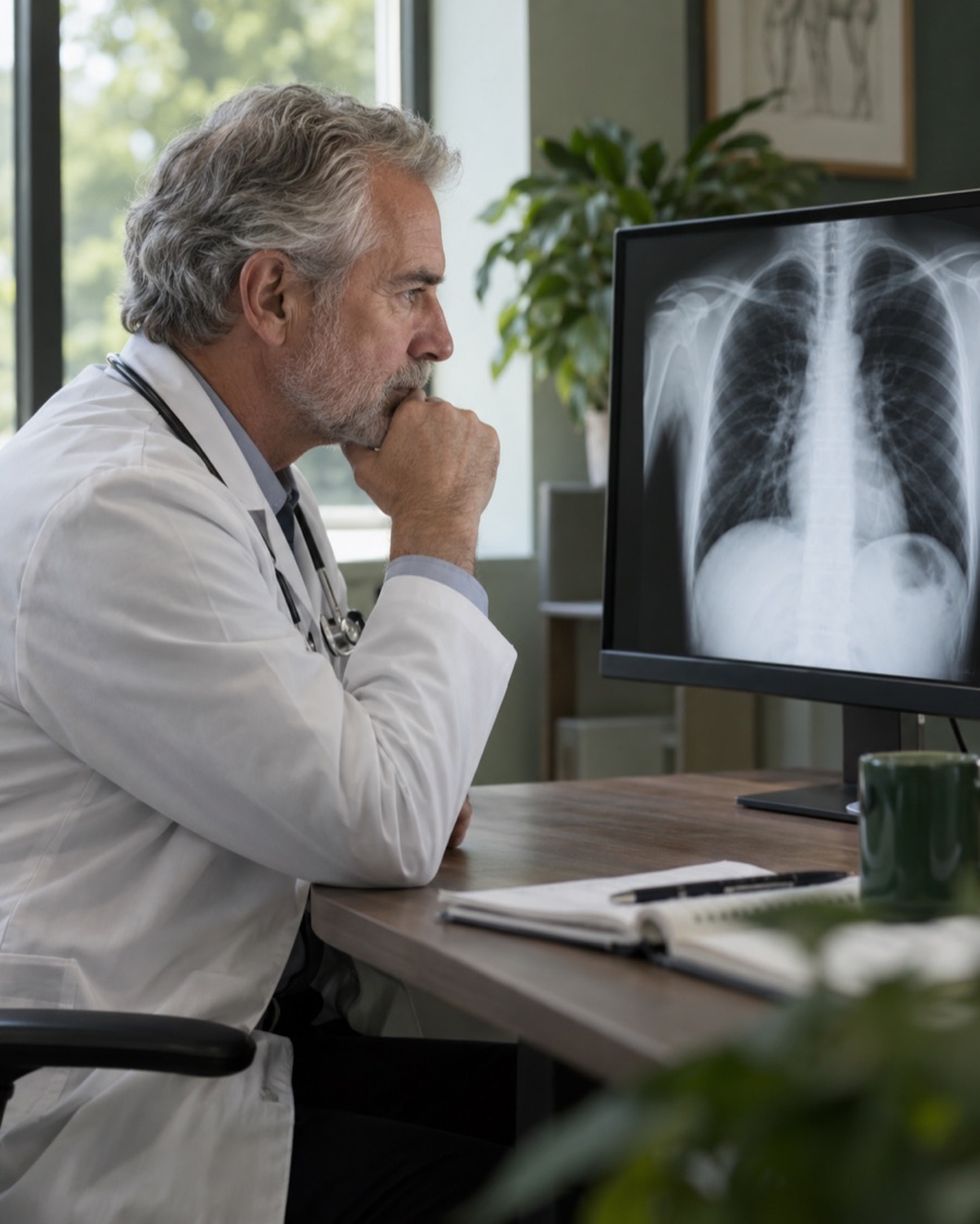 Physician reading a chest X-ray in a clinic office