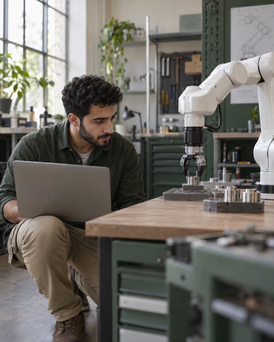 Engineer testing a robotic arm in a workshop lab